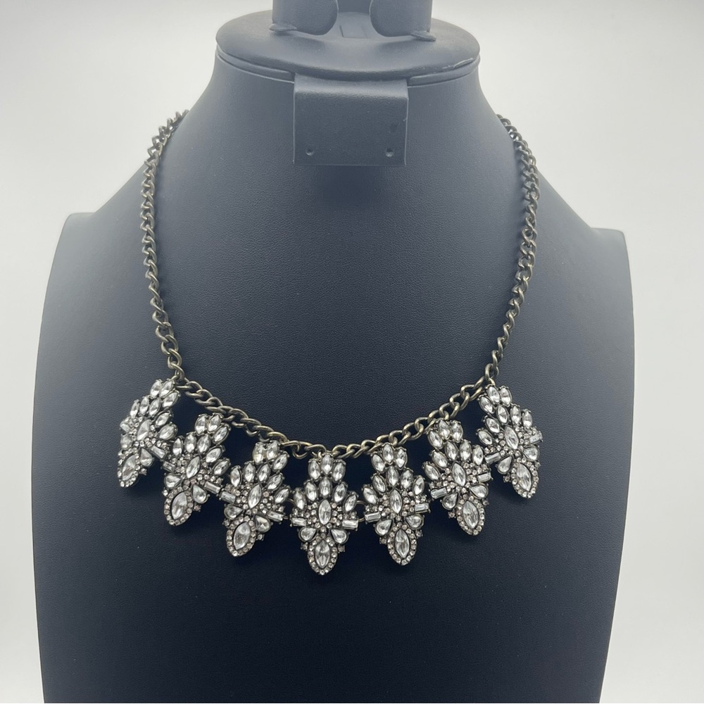 BaubleBar Signed Antique Gold Tone Statement Rhinestone Cluster Bib Necklace